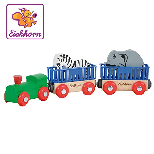 Eichhorn - Tierzug, Lok mit 2 Wagons und 2 Tieren: Zebra/ Elefant